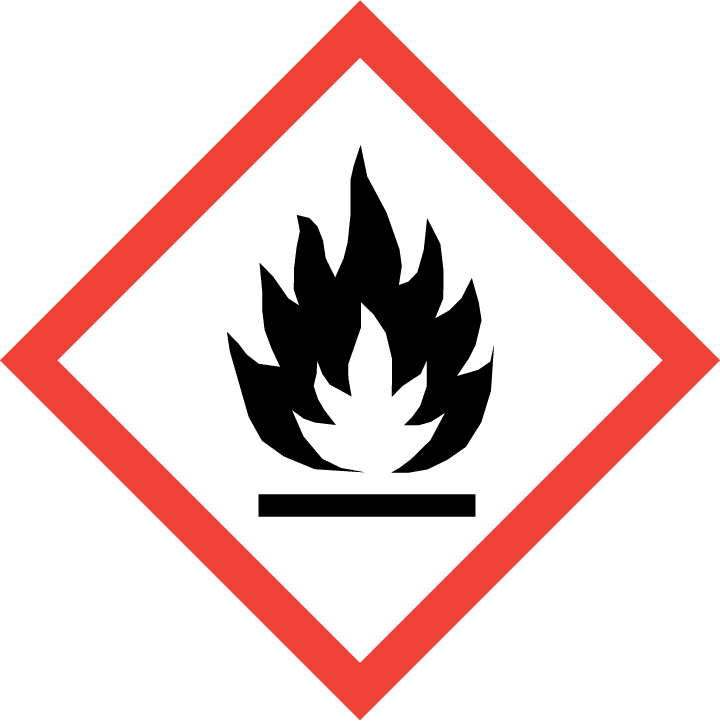 Entzündbare Stoffe - Entzündbare Gase und Aerosole, Flüssigkeiten mit einem Flammpunkt unter 60°C sowie Feststoffe, die leicht brennbar sind oder durch Reibung Brand verursachen, besitzen diese Kennzeichnung.